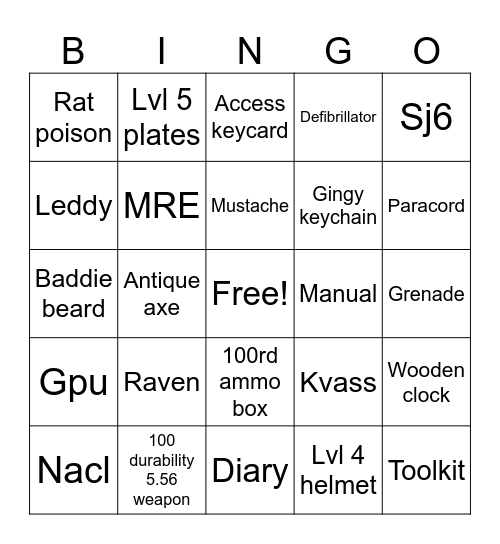 Tarkov items Bingo Card