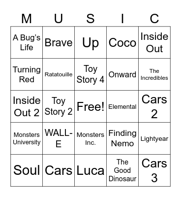 L-dog’s Disney Pixar Music Bingo Card