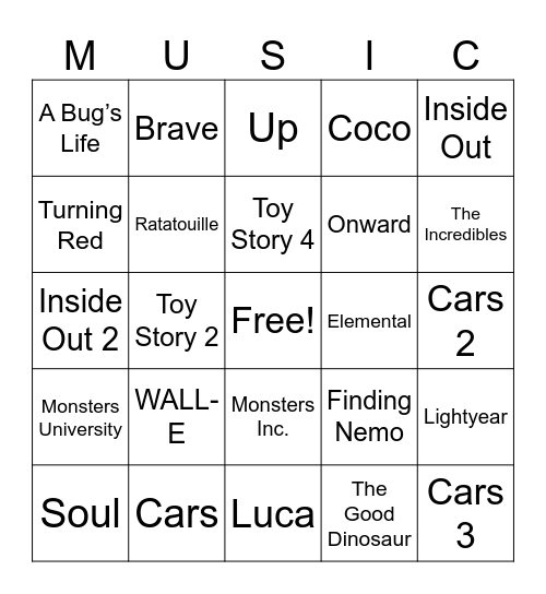 L-dog’s Disney Pixar Music Bingo Card