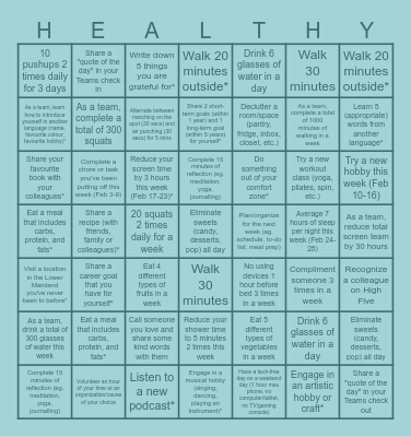 LTDS Wellness Bingo Card
