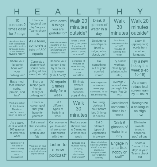 LTDS Wellness Bingo Card