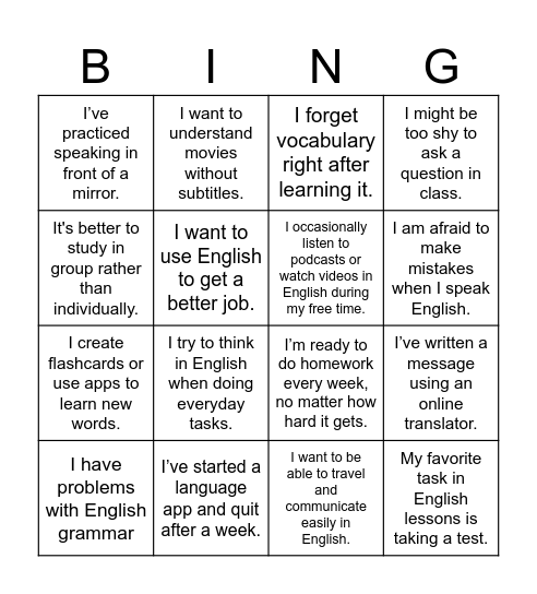 My English Bingo Card