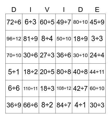 Division Bingo Card