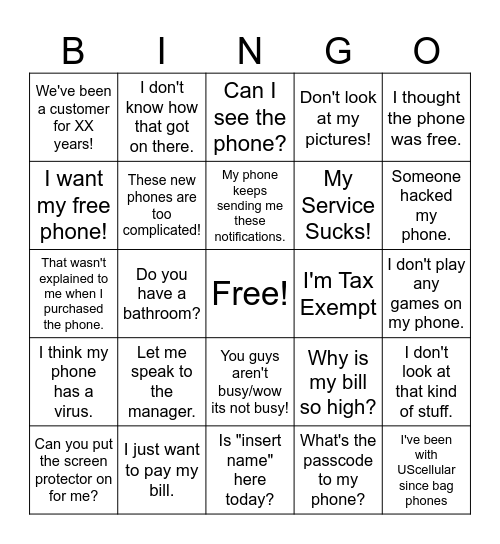 Customer Bingo Card