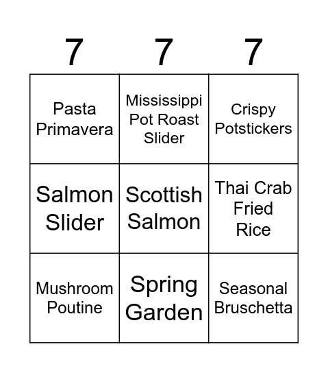 New Menu! Bingo Card
