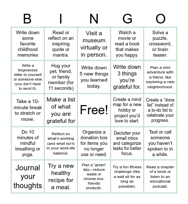 Self Care Bingo Card