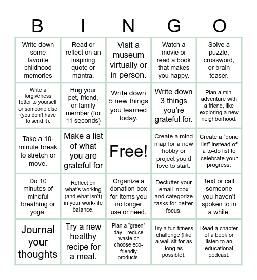 Self Care Bingo Card