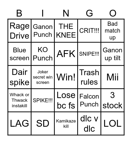 Smash Ultimate Online Bingo Card