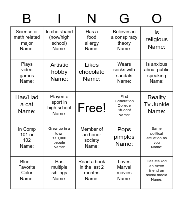 Social Penetration "Bingo" Bingo Card