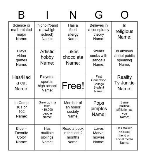 Social Penetration "Bingo" Bingo Card