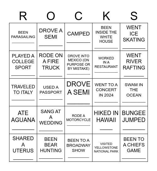 Been There, Done That Bingo Card