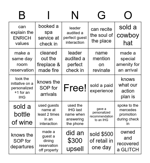 service excellence bingo Card