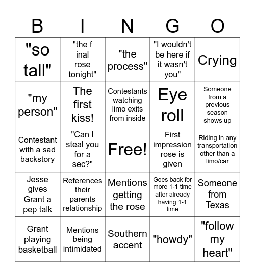 Grant's Bachelor Premiere Bingo! Bingo Card