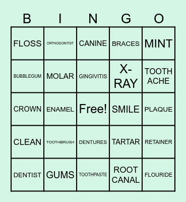DENTAL HYGIENE Bingo Card