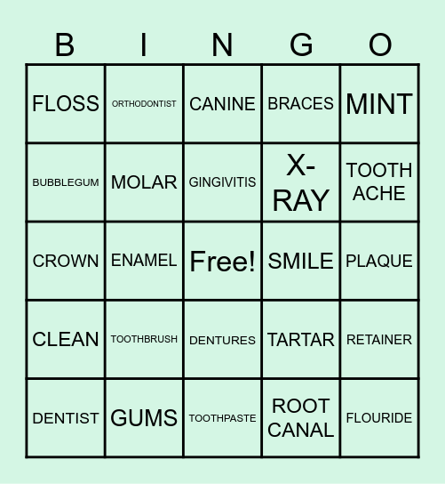 DENTAL HYGIENE Bingo Card