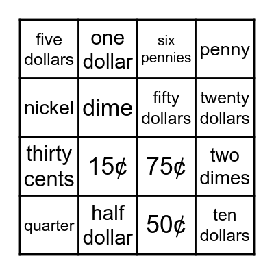 Money Beginning ESL Bingo Card