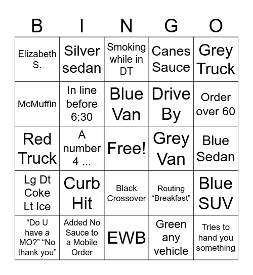 CFA Breakfast Order Takers Bingo Card