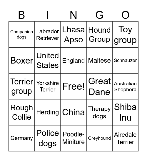 Breed ID Bingo Card