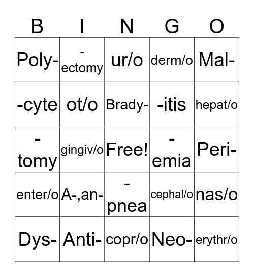 Veterinary Medical Terminology Bingo Card