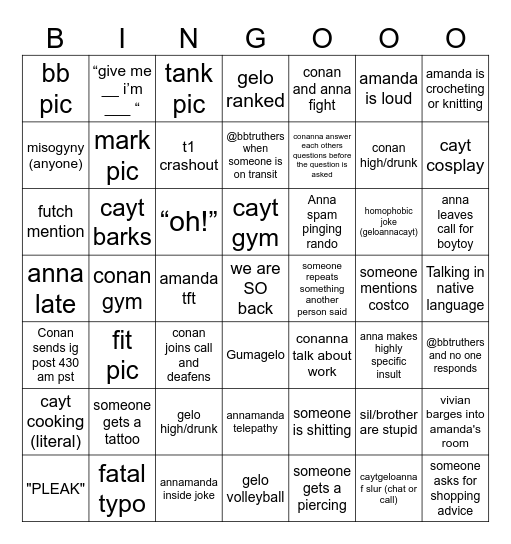 the girls bingo Card
