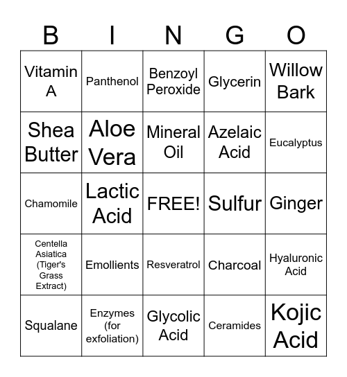 Ingredients Bingo Card