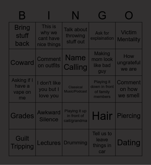 Drive w/ Dad Bingo Card Bingo Card