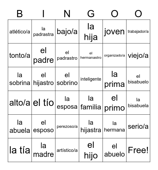 Family Vocab & Adjectives Bingo Card