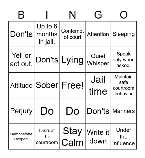 Courtroom Behavior/ Do's and Don'ts Bingo Card