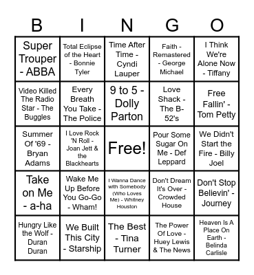 Songs of the 80's Bingo Card