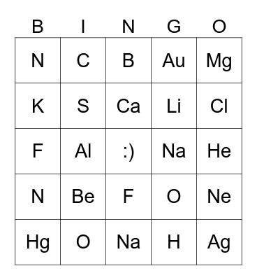 Periodic Table Bingo (First 20 elements) Bingo Card