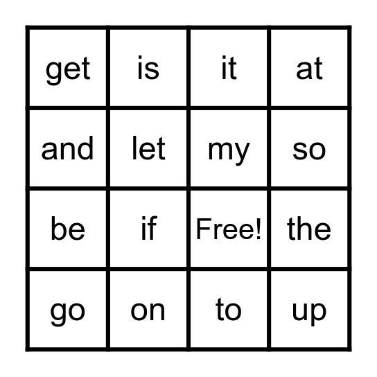 Sight Words Bingo Card