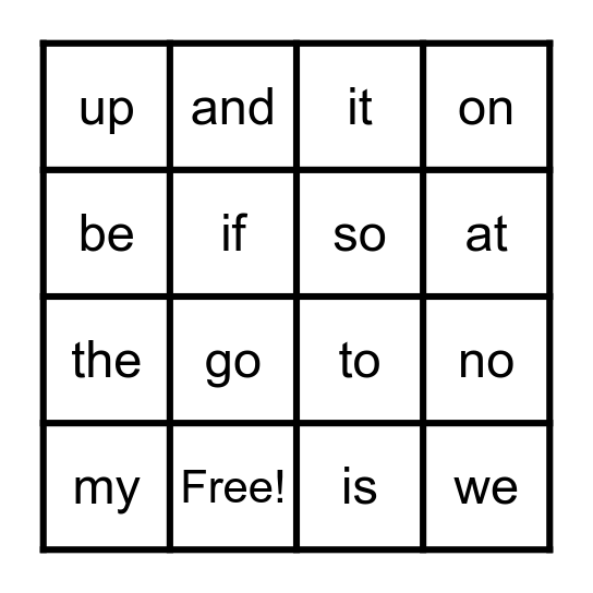 Sight Words Bingo Card