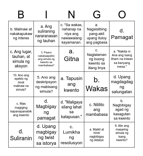 STORY STARTER BINGO Card