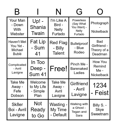 Canadian Music of the 2000 Bingo Card