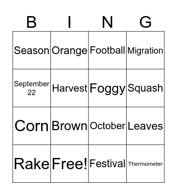 Fall Vocabulary Bingo Card