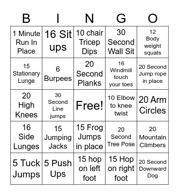 Fitness Bingo Card