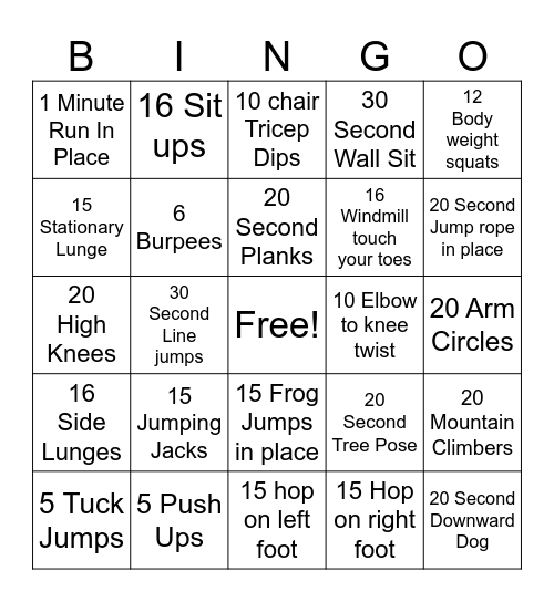 Fitness Bingo Card