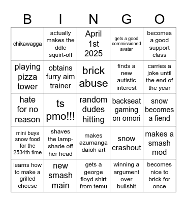 Snowelle 2025 Bingo Card Bingo Card