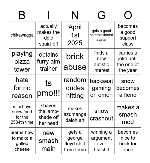 Snowelle 2025 Bingo Card Bingo Card