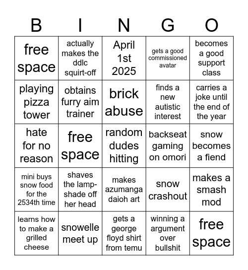 Snowelle 2025 Bingo Card Bingo Card