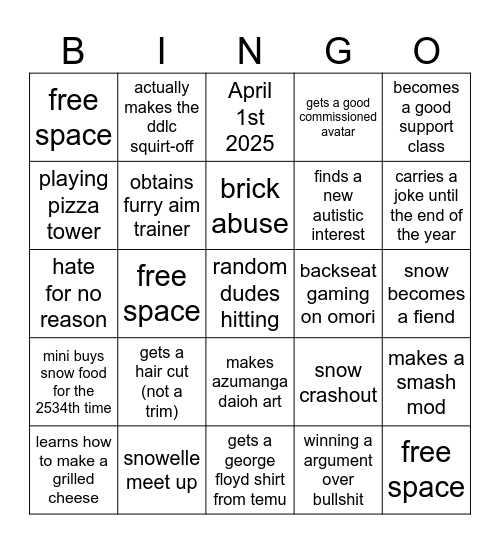 Snowelle 2025 Bingo Card Bingo Card