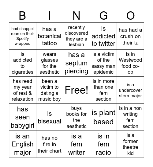 FEM WELCOME PARTY Bingo Card