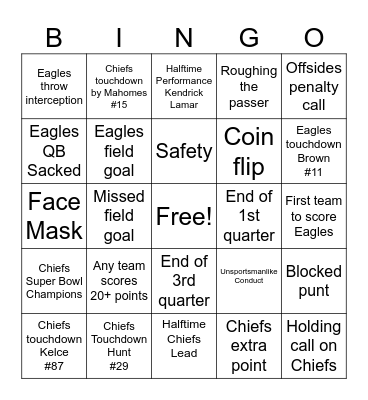 Super Bowl 2025 Bingo Card