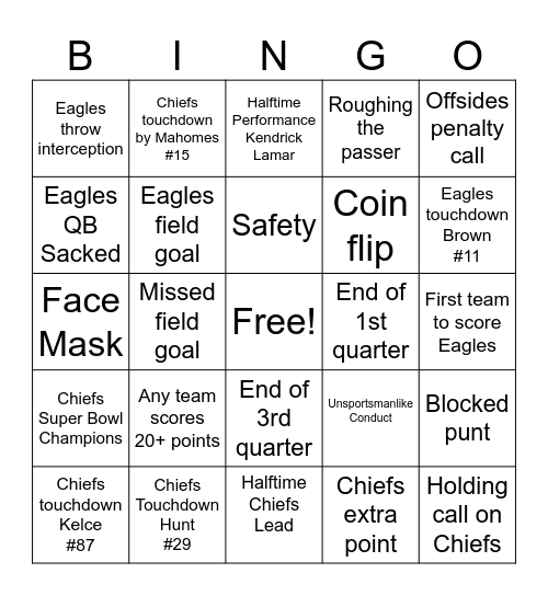Super Bowl 2025 Bingo Card