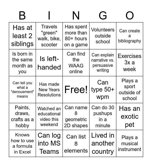 Learning Resource Bingo Card