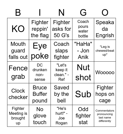 UFC Bingo Card
