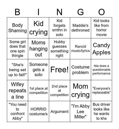 Dance Moms BINGO Card
