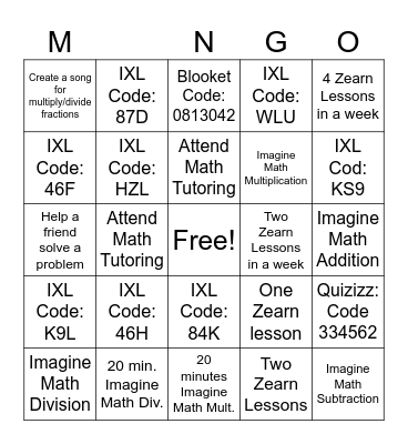 6th Grade Mathletics Bingo Card