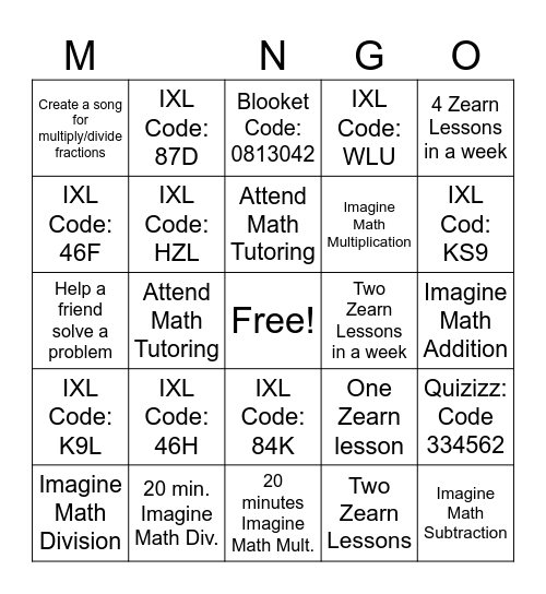 6th Grade Mathletics Bingo Card