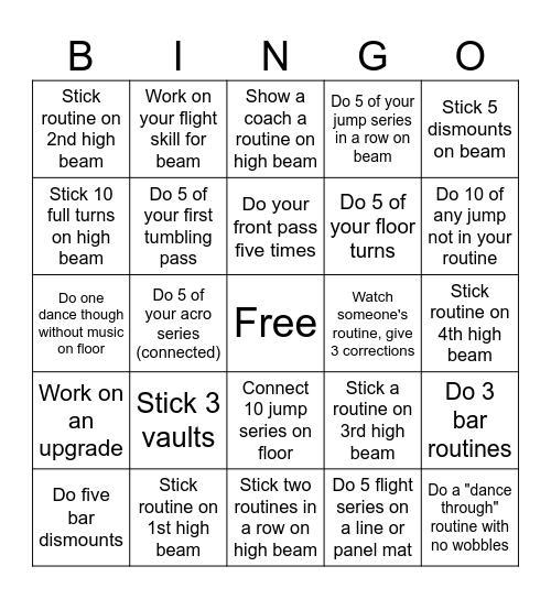 Gymnastics Bingo Card